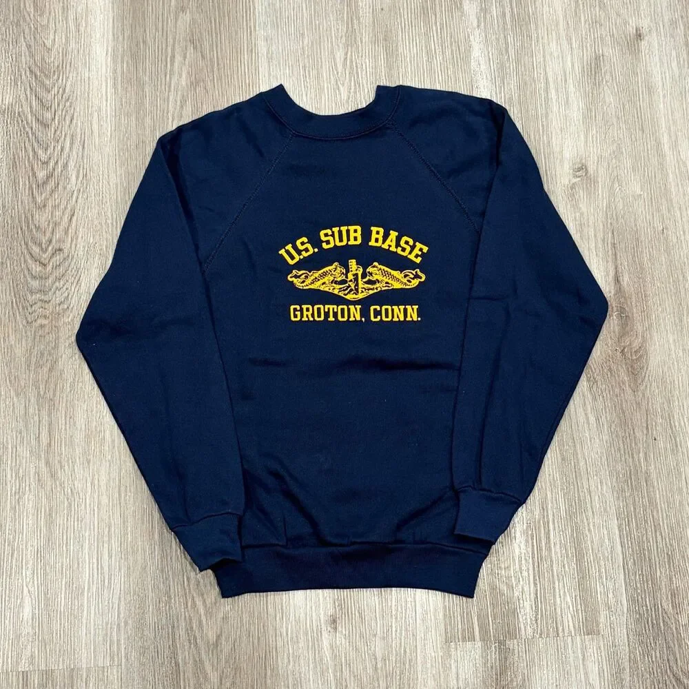 Vtg 80s U.S. Sub Base Flock Print Sweatshirt Youth L Blue Military Groton, Conn